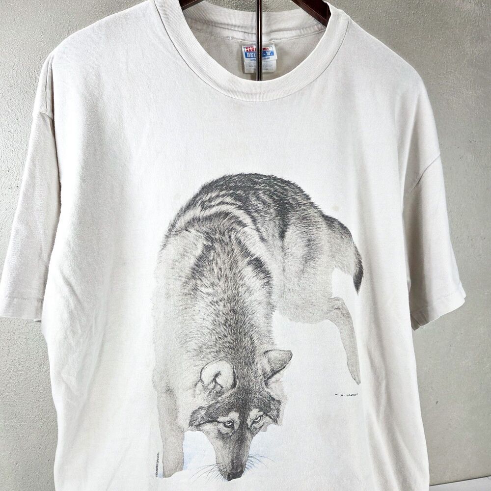 Vintage 90s Wolf Nature T Shirt Hanes Beefy-T Single Stitch Wildlife Tee Sz XL